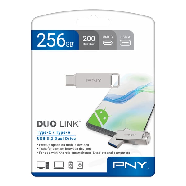 Miniatyrbillede 3 af 3: PNY DUO LINK USB-nøgle 256 GB USB Type-A / USB Type-C 3.2 Gen 1 (3.1 Gen 1) Rustfrit stål