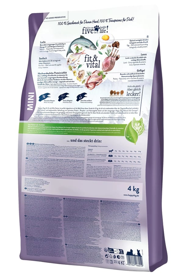 Happy Dog fit&vital Mini Senior 4 kg Hundehvalp Lam, Fjerkræ, Laks