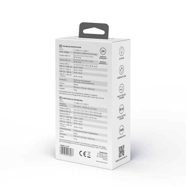Miniatyrbillede 7 af 9: Savio LA-07 adowarka Sieciowa GaN 65W Biaa Hovedtelefoner, Headset, Tablet, Telefon, Ur Hvid Vekselstrøm Udendørs