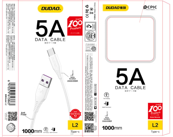 Pikkukuva 3 / 4: Dudao USB / USB Type-C -kaapeli 5A 1m valkoinen (L2T 1m valkoinen)
