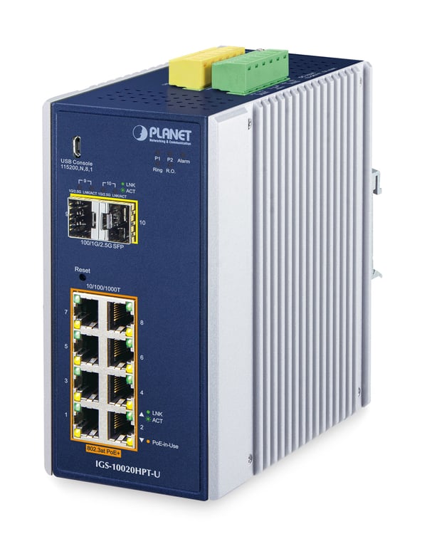 PLANET DIN-Rail L2+/L3 Manageable Hallittu L2+ Gigabit Ethernet (10/100/1000) Power over Ethernet -tuki Alumiini, Sininen