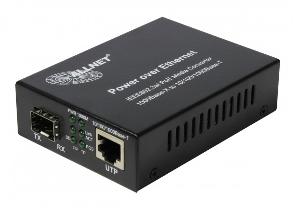 ALLNET ALL-MC202P-SFP1-POE verkon mediamuunnin 1000 Mbit/s Monitila, Yksittäistila Musta