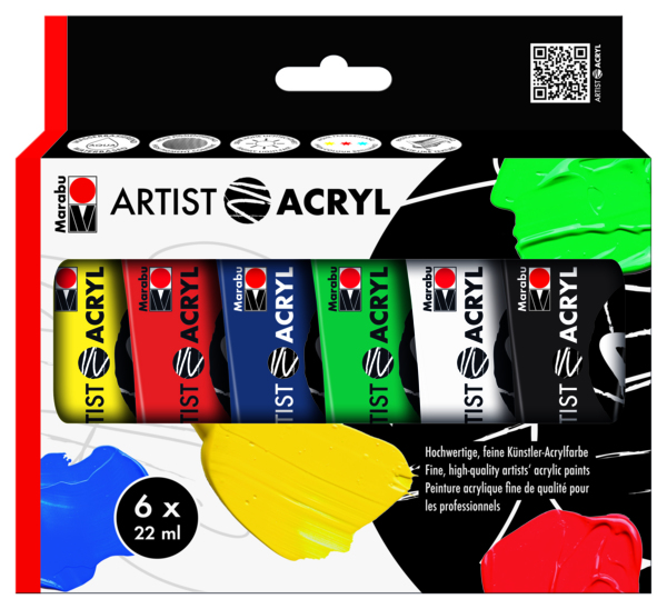 Marabu 1220000000091 akrylfärger 22 ml Svart, Blå, Grön, Vermilion, Vit, Gul Rör