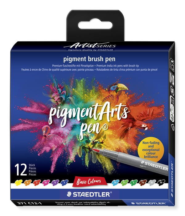 Miniatyrbild 1 av 6: Staedtler Pigment Arts Brush Pen Basic Colors stiftpennor Multifärg 12 styck