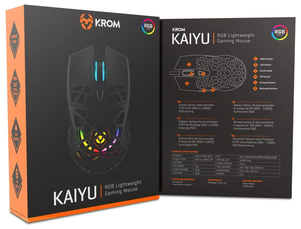 Krom Kaiyu mus Spil Højre hånd USB Type-A Optisk 12000 dpi