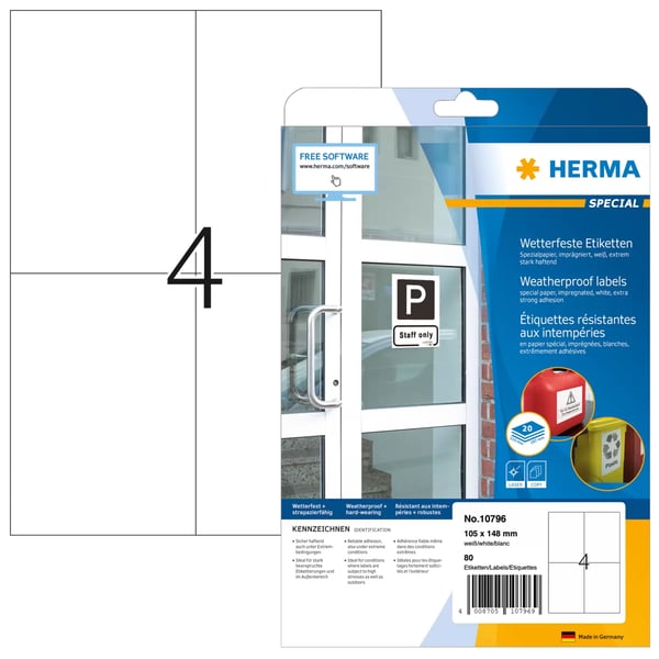 Miniatyrbillede 1 af 4: HERMA 10796 selvklæbende etiket Rektandel Permanent Hvid 80 stk