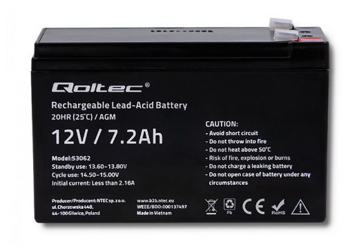 Miniatyrbillede 1 af 2: Qoltec 53062 UPS batteri Blybatterier (VRLA) 12 V 7,2 At