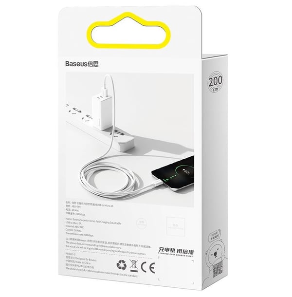 Pikkukuva 2 / 8: Baseus Superior USB-kaapeli USB 2.0 2 m USB A Micro-USB A 0,48 Gbit/s Valkoinen