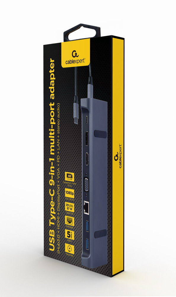 Gembird A-CM-COMBO9-02 kannettavien tietokoneiden telakka ja porttitoistin Langallinen USB 3.2 Gen 1 (3.1 Gen 1) Type-C Harmaa