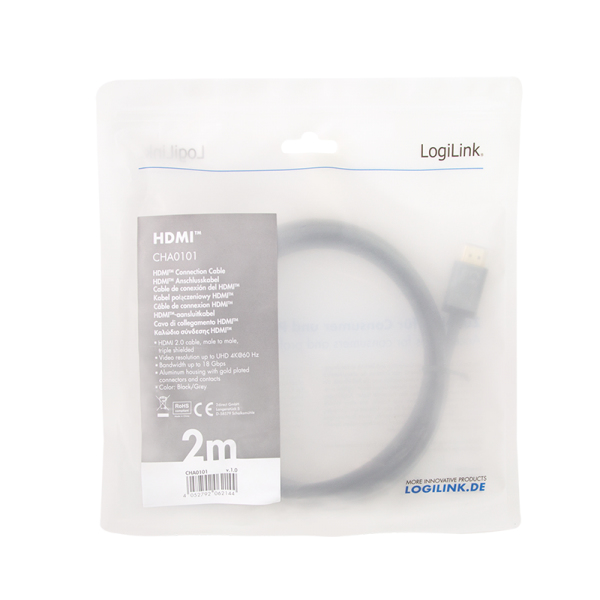 Pikkukuva 4 / 4: LogiLink CHA0101 HDMI-kaapeli 2 m HDMI-tyyppi A (vakio) Musta, Harmaa