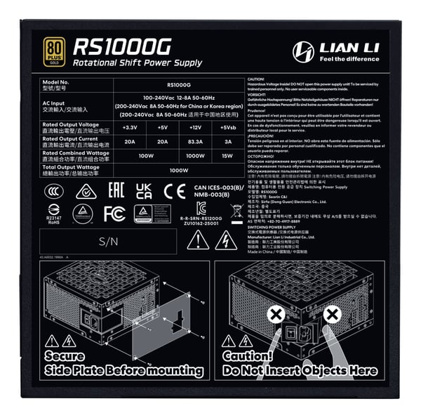 Miniatyrbild 5 av 5: Lian Li RS1000G strömförsörjningsenheter 1000 W 20+4 pin ATX ATX Svart
