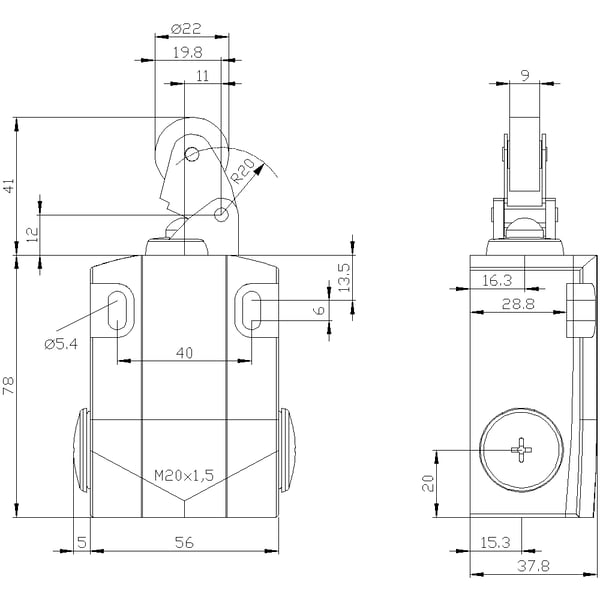 Miniatyrbillede 3 af 5: Siemens 3SE51220CE01 3SE5122-0CE01 Positionsschalter 6 A Rollenhebel, Metallhebel, Kunststoffrolle IP66, IP67 1 St.