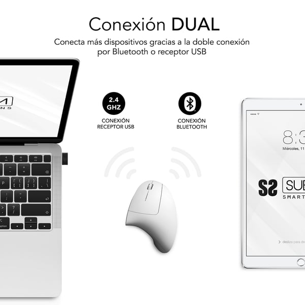 Miniatyrbillede 7 af 8: SUBBLIM RATON OPTICO DUAL GLIDE VERTICAL ERGO DUAL BATERIA BLANCO mus Universel Højre hånd Bluetooth + USB Type-A Optisk 1600 dpi