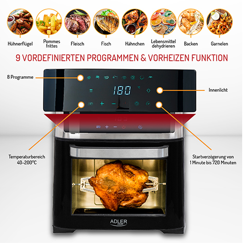 Pikkukuva 14 / 28: Adler AD 6309 rasvakeitin Yksi 13 L Erillinen 2500 W Kuumakiertoilmakypsennin Musta, Hopea