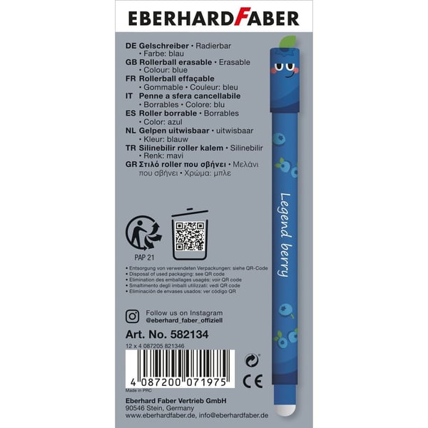 Miniatyrbild 3 av 3: Eberhard Faber Fruity Erase It Fin Gelpenna med kork Blå 1 styck