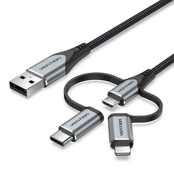 Miniatyrbillede 1 af 8: Vention CQJHF kabel til mobiltelefon Grå 1 m USB A Lightning + micro-USB B + USB C