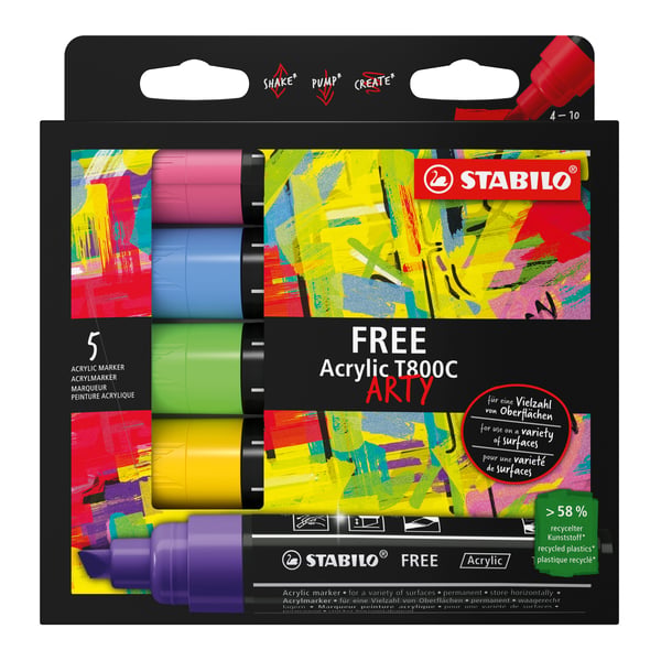 STABILO FREE Acrylic T800C Set 1 märkpennor 5 styck Mejselspets Ljusgrön, Metallicblå, Rosa, Violett, Gul