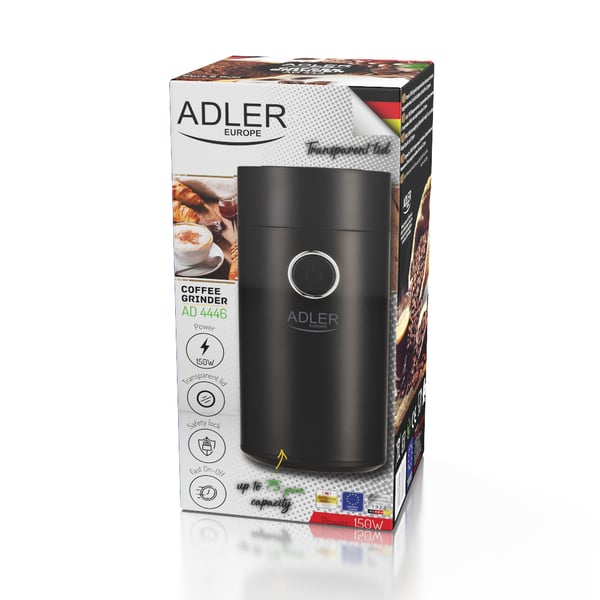 Kavamale Adler -kahvimylly AD4446bs 150 W, kahvipapukapasiteetti 75 g, kannen turvakytkin, musta (AD 4446bs)