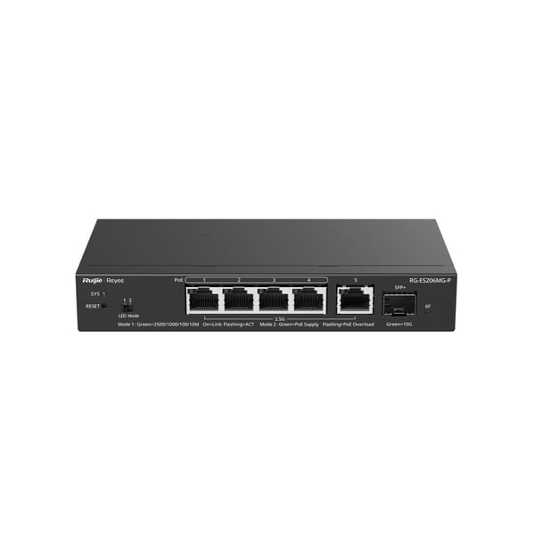 Miniatyrbild 9 av 9: Ruijie Networks RG-ES206MG-P nätverksswitchar hanterad L2 2.5G Ethernet (100/1000/2500) Strömförsörjning via Ethernet (PoE) stöd Bords-/väggmontering Svart