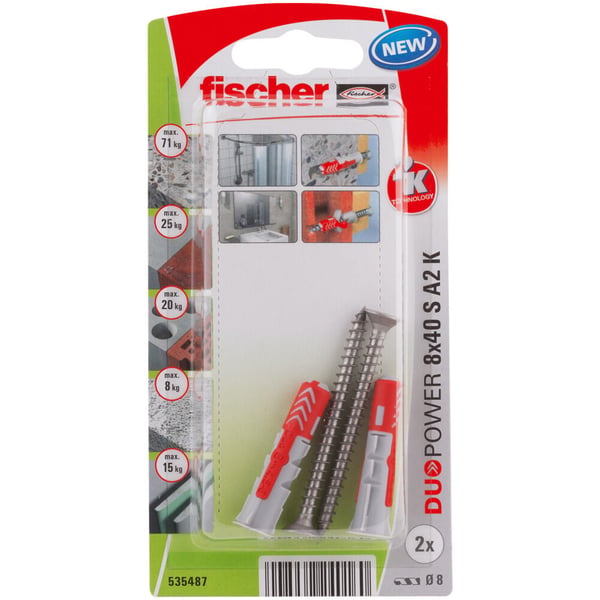 Miniatyrbillede 1 af 9: Fischer 535487 skrueanker og vægudtag 2 stk Skrue og vægstiksæt 40 mm