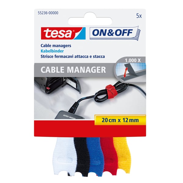 Tesa On & Off - Kabelbinder - Sort, hvid, Blå, Gul, Rød - 20 cm (Pakke med 5)