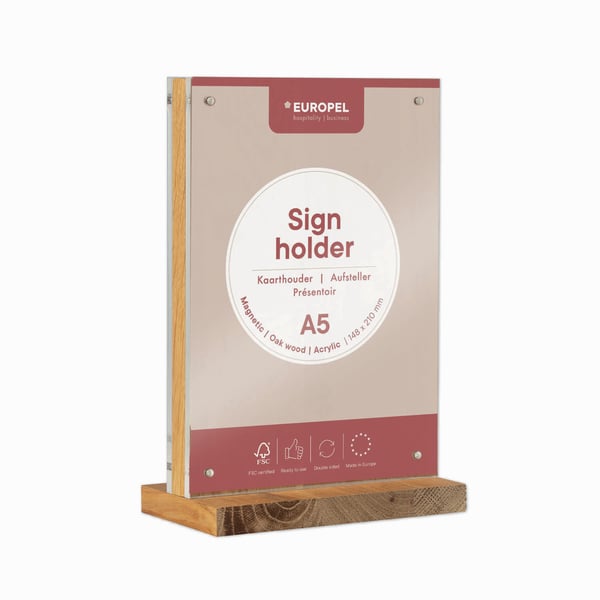 Europel 356312 skilteholder & informationsstativ A5 Akryl, Træ Transparent, Træ