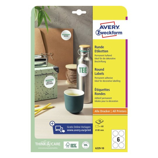 Miniatyrbillede 1 af 4: Avery 6229-10 selvklæbende etiket Rund Permanent Hvid 60 stk