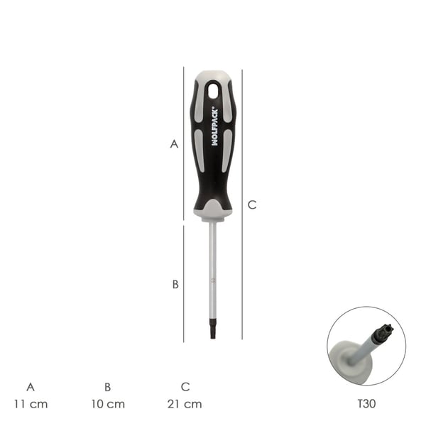 Wolfpack Destornillador Torx Inviolable Acero S2 Mango TPR Bimaterial. Medida T30 x Ø 6,0 x 100 mm.