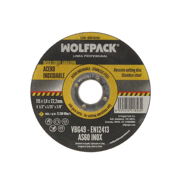 Wolfpack Disco Corte Abrasivo Acero Inoxidable Ø 115x Ø 22,2 mm. Espesor 1,0 mm.