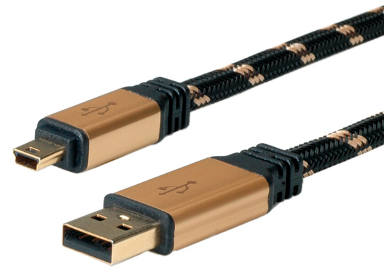 ROLINE 11.88.8823 USB-kablar USB 2.0 3 m USB A Mini-USB B 0,48 Gbit/s Svart, Guld