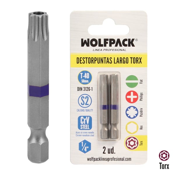 Wolfpack Destorpuntas Largo Torx T40 (2 Piezas) Acero S2 al Cromo Vanadio