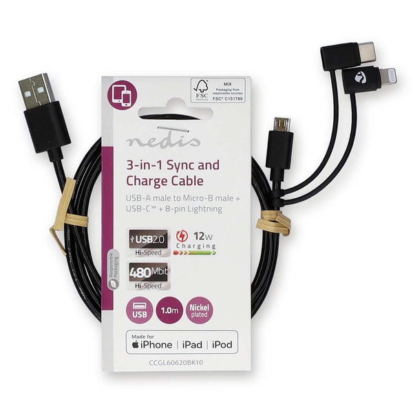 Nedis CCGL60620BK10 USB-kabel USB 2.0 1 m USB A USB C/Micro-USB B/Lightning 0,48 Gbit/sek. Sort