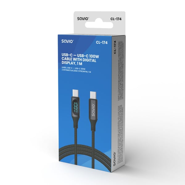Miniatyrbillede 2 af 4: Savio USB-C - USB-C cable with display CL-174 1 m black USB-kabel USB 3.2 Gen 1 (3.1 Gen 1) USB C Sort