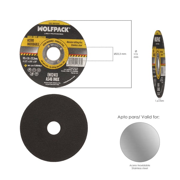 Wolfpack Disco Corte Abrasivo Acero Inoxidable Ø 115x Ø 22,2 mm. Espesor 1,6 mm.
