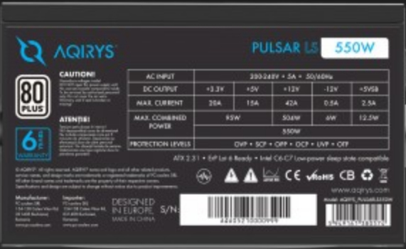 Miniatyrbild 5 av 7: Aqirys AQRYS_PULSARLS550W strömförsörjningsenheter 550 W 20+4 pin ATX ATX Svart