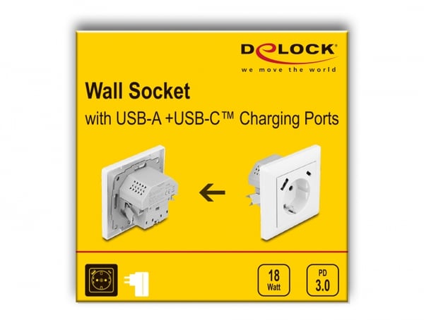 Miniatyrbillede 3 af 3: DeLOCK 11499 stikkontakt Type F + USB A + USB C Hvid
