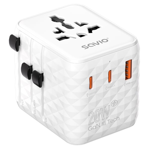 Savio AP-08 strømadapter og vekselret 20 W Hvid