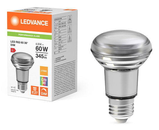 Ledvance LEDSPOT 36° 4,9W 927 GL E27 / LEDVAN PERFORM R63 60 DIM 4099854047954