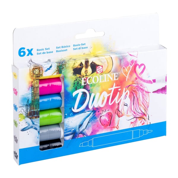 Pikkukuva 6 / 7: Ecoline Duotip tussi 6 kpl Taltta/Terävä pää Musta, Syaani, Harmaa, Vaaleanvihreä, Magenta, Keltainen