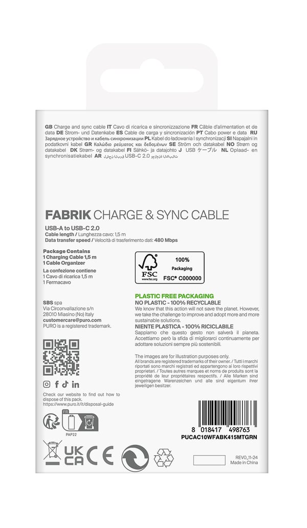 PURO PUCAC10WFABK415MTGRN USB-kaapeli USB 2.0 1,5 m USB A USB C Vihreä
