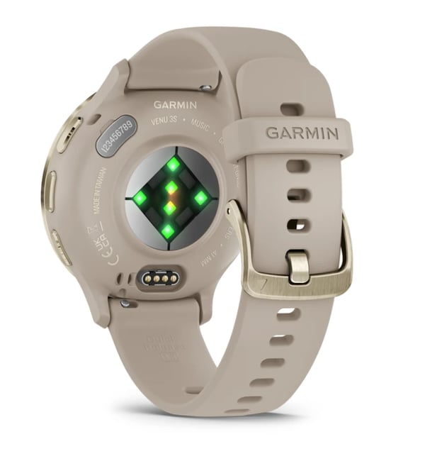 Garmin Venu 3S med HRM Elevate Ox pulssensor (ljusguldinfattning / pulvergrå boett / pulvergrå rem)