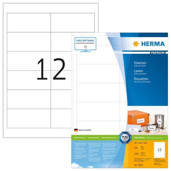 HERMA 4623 selvklæbende etiket Rektandel Permanent Hvid 2400 stk HERMA 4623 selvklæbende etiket Rektandel Permanent Hvid 2400 stk