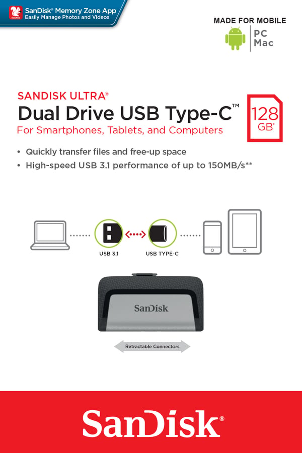SanDisk Ultra Dual Drive USB Type-C USB-sticka 128 GB USB Type-A / USB Type-C 3.2 Gen 1 (3.1 Gen 1) Svart, Silver
