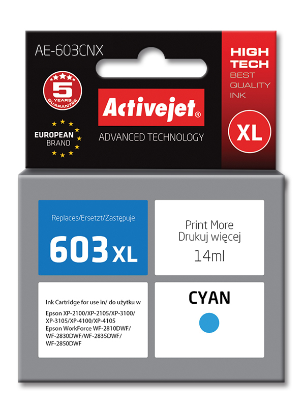 Activejet tusz do Epson 603XL AE-603CNX mustekasetti 1 kpl Yhteensopiva Korkea (XL) värintuotto Syaani