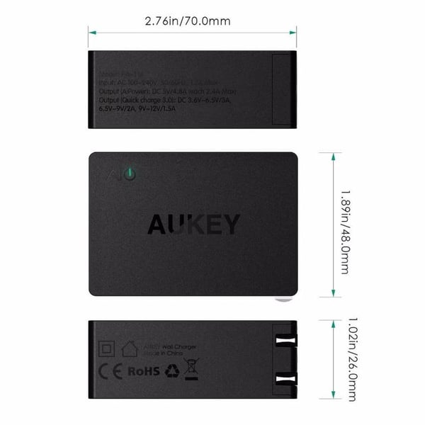 AUKEY PA-T14 oplader til mobil enhed Netbook, Smartphone, Tablet Sort Vekselstrøm, DC Hurtig opladning Indendørs