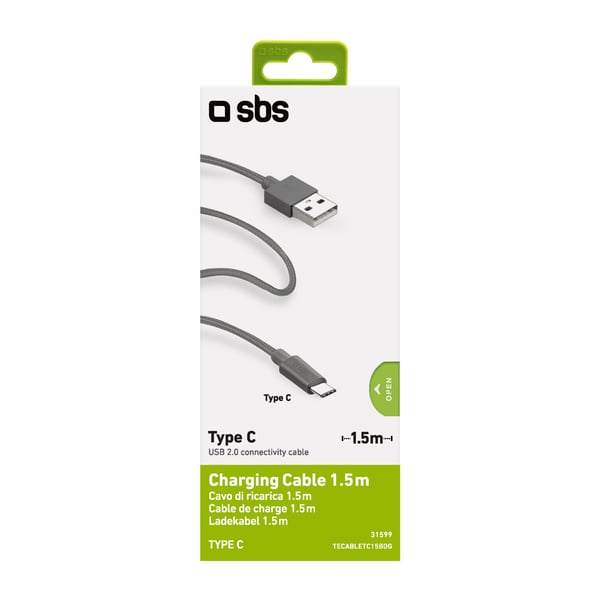 Miniatyrbillede 1 af 3: SBS TECABLETC15BDG USB-kabel USB 2.0 1,5 m USB A USB C Grå