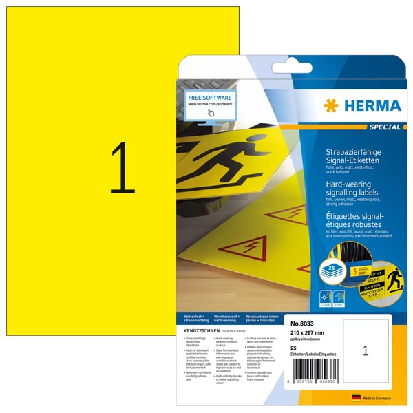 HERMA 8033 utskriftsbara etiketter Gul Självhäftande skrivaretikett