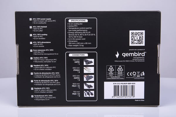Gembird CCC-PSU80P-BBP-600 enhed til strømforsyning 600 W 24-pin ATX ATX Sort