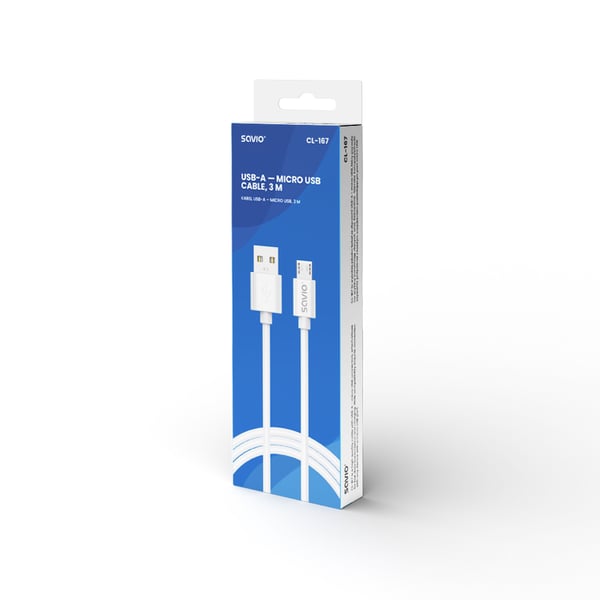 Savio USB cable 3 m USB 2.0 USB A - Micro USB White CL-167 USB-kabel Micro-USB A Hvid