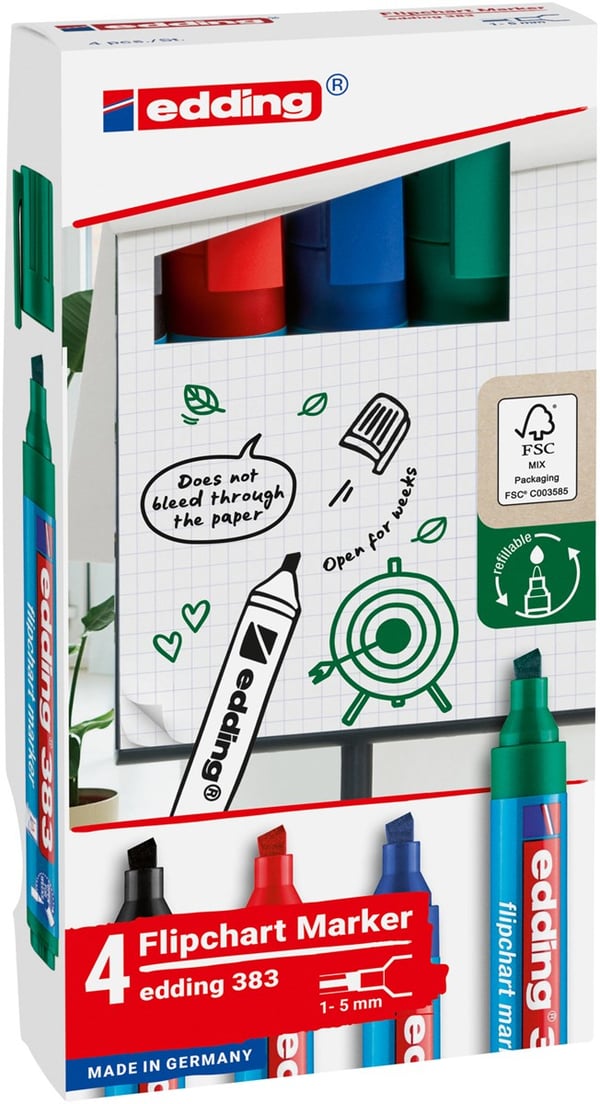 Miniatyrbillede 4 af 6: Edding 383 Flipchart speedmarker 4 stk Mejselspids Sort, Blå, Grøn, Rød
